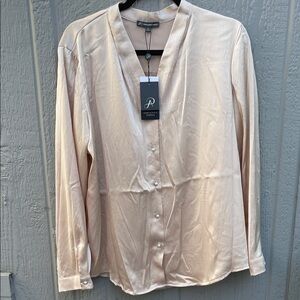 NWT Adrianna Papell Beige Textured Button Down Blouse Size: XL